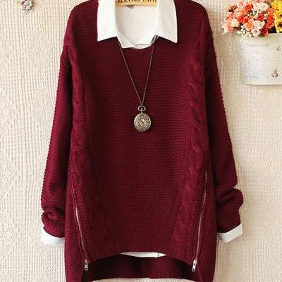FREE SHIPPING Retro Burgundy Zipper Side Cable Sweater