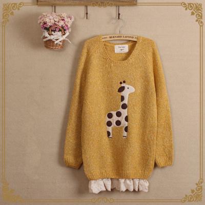 FREE SHIPPING Cute Yellow Giraffe Pattern Lace Hem Sweater