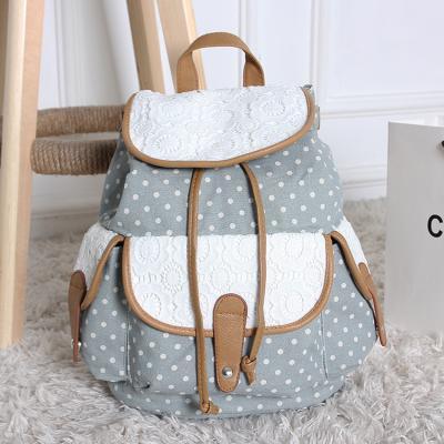 FREE SHIPPING Denim Blue Dot and Lace Canvas Backpack