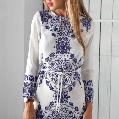FREE SHIPPING Blue And White Porcelain Prints Long Sleeve Dress