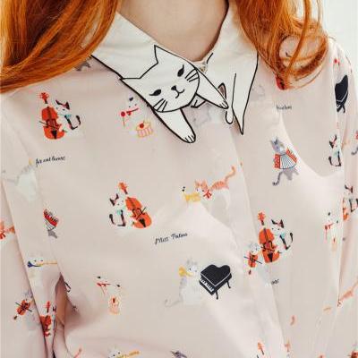Cat Printed Button Down Shirt