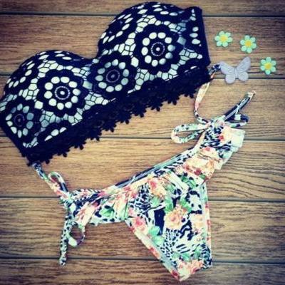 FAST SHIPPING New Women Push-up Lace Floral Print Swimsuit Two Pieces Bikini