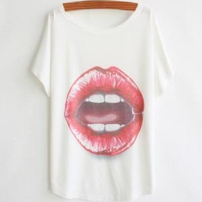 New Women's Summer Fashion Casual White Sexy Lips Printed Loose T-Shirt Top