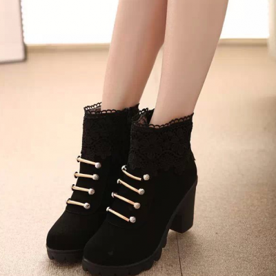 FAST SHIPPING Fall/ Winter 2016 Fashion Women Black Lace Splicing High Heel Martin Boots Ankle Booties