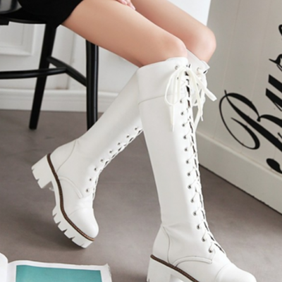 Knee-high Lace-up Boots with Chunky Heels
