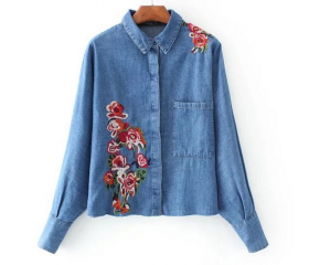 Floral Embroidered Denim Button Down Shirt on Luulla