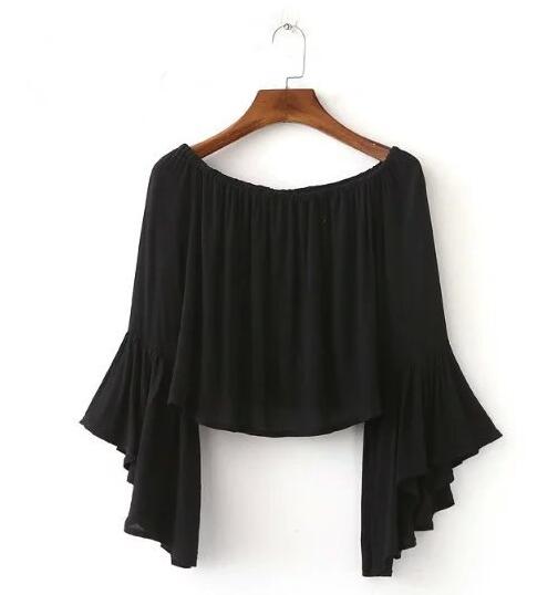 Off-the-shoulder Cropped Top With Flared Sleeves on Luulla
