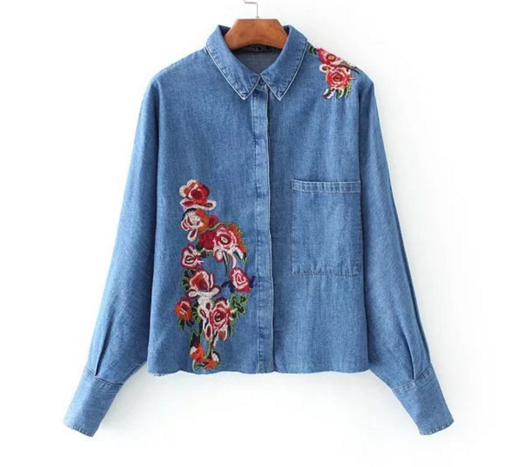 floral embroidered denim shirt