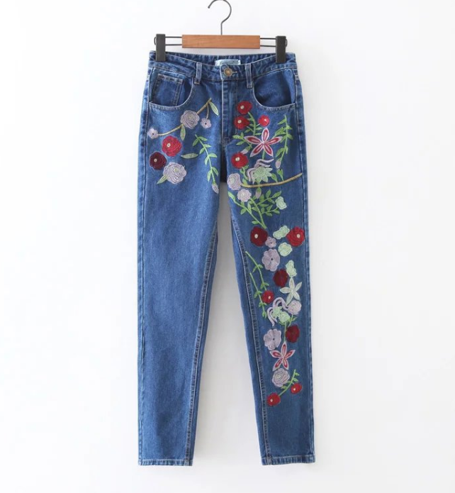 flower embroidered mom jeans