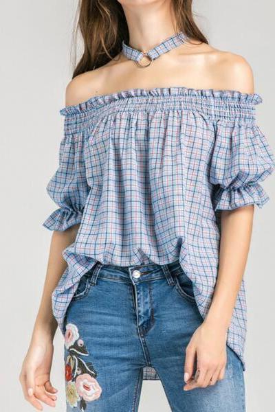 Summer Women Sexy Off-the-shoulder Blouses Slash Neck Short Sleeve Plaid Shirt With Choker