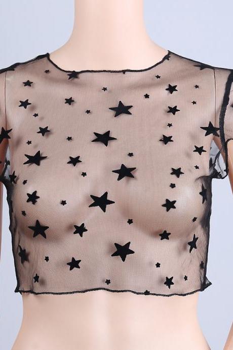 Stars See-through T-shirt Sexy Women Top