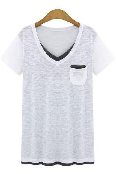 Women&amp;#039;s Fashion Casualwhite V-neck Pocket T-shirt Top