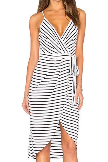 2016 Fashion Women&amp;#039;s Black White Deep V-neck Stripe Cami Dress
