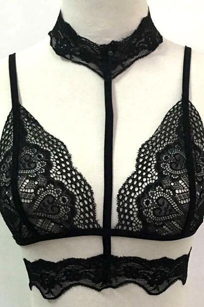 Women&amp;#039;s Summer Fashion Sexy Black White Lace Triangle Halter Bralette Top