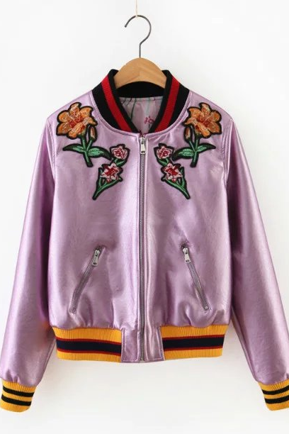 New Fall/Winter Women Gold/Silver/Purple Zipper Up Floral Embroidery Bomber Jacket Casual PU Leather Baseball Jacket Coat