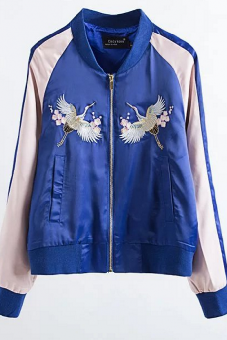 New Fall/Winter Women Blue Zipper Up Floral Embroidery Bomber Jacket Casual Baseball Jacket Coat
