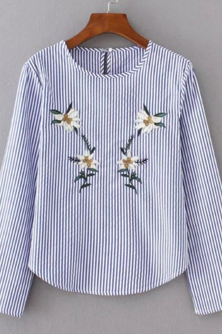 Blue And White Vertical Stripes Long Sleeve Shirt Featuring Floral Embroidery