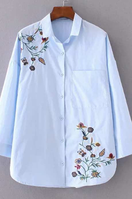 Blue Button Down Shirt Featuring Floral Embroidery