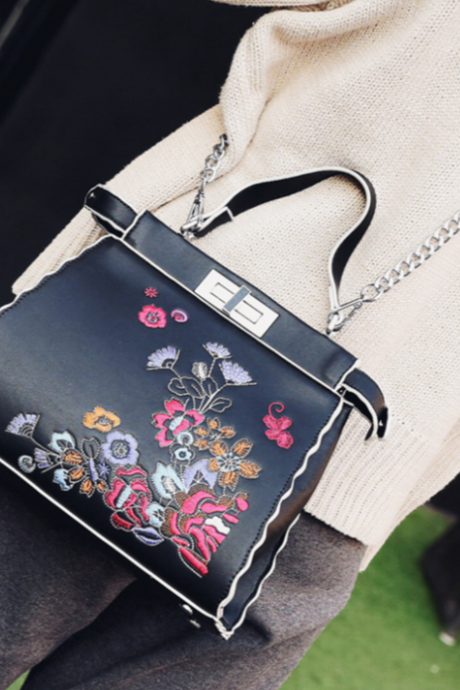 Floral Embroidered Chained Crossbody Bag