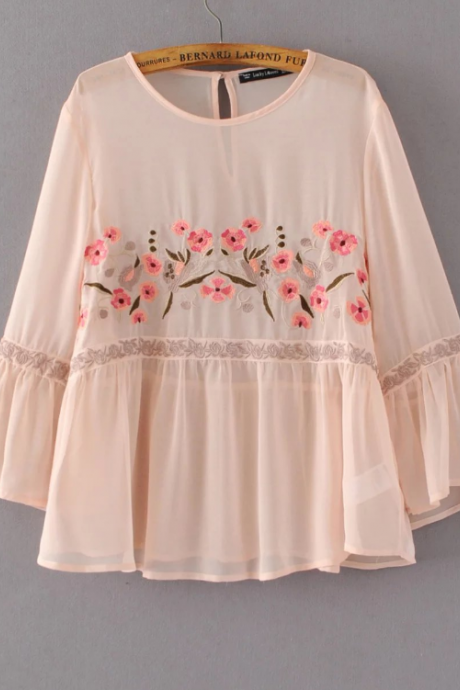 Pink Floral Embroidered Blouse With Flared Sleeves And Ruffle Bottom