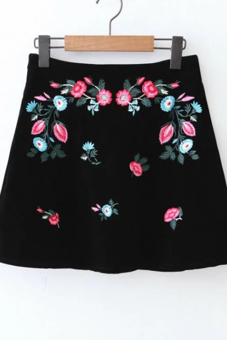 Black Velvet High Waist A-line Skirt Featuring Floral Embroidery