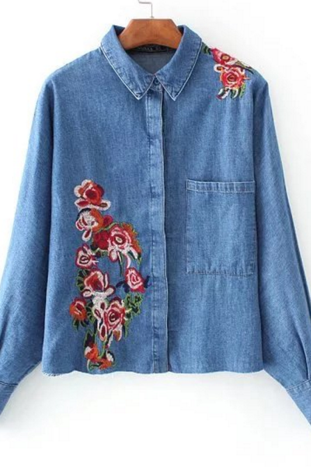 Floral Embroidered Denim Button Down Shirt