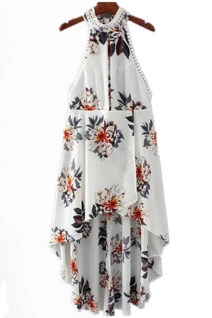 Floral Print High Neck Halter High Low Maxi Dress Featuring Cutout Front, And Open Back