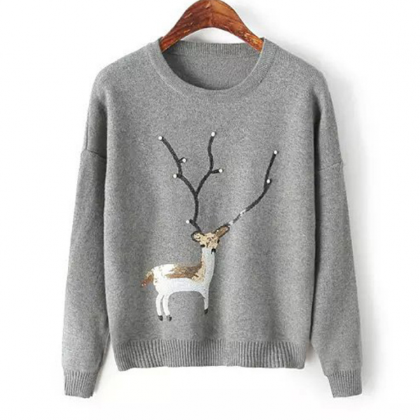 Long Sleeve Sweater Featuring Embroidered Reindeer With Sequins - White ...