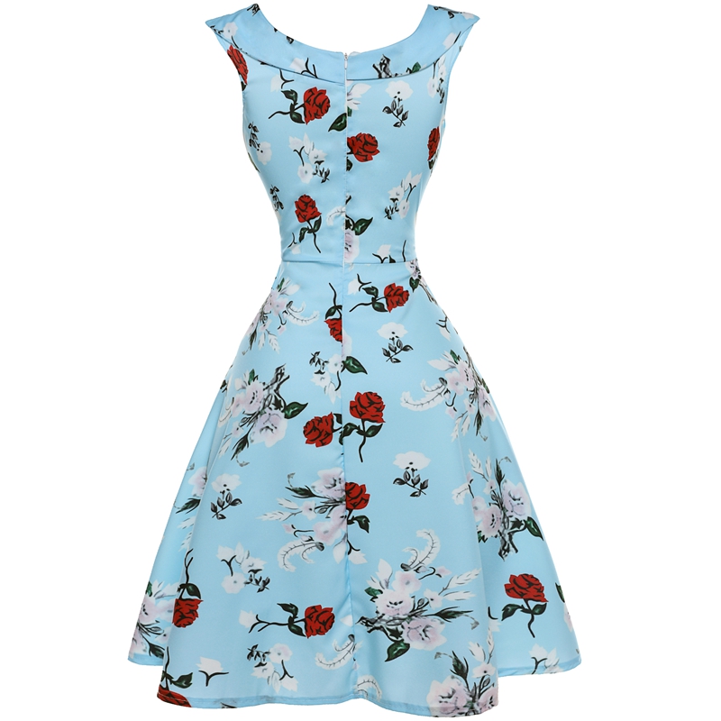 Vintage Blue Floral Printed Sleeveless Dress Vintage Hepburn Stlye Fit ...