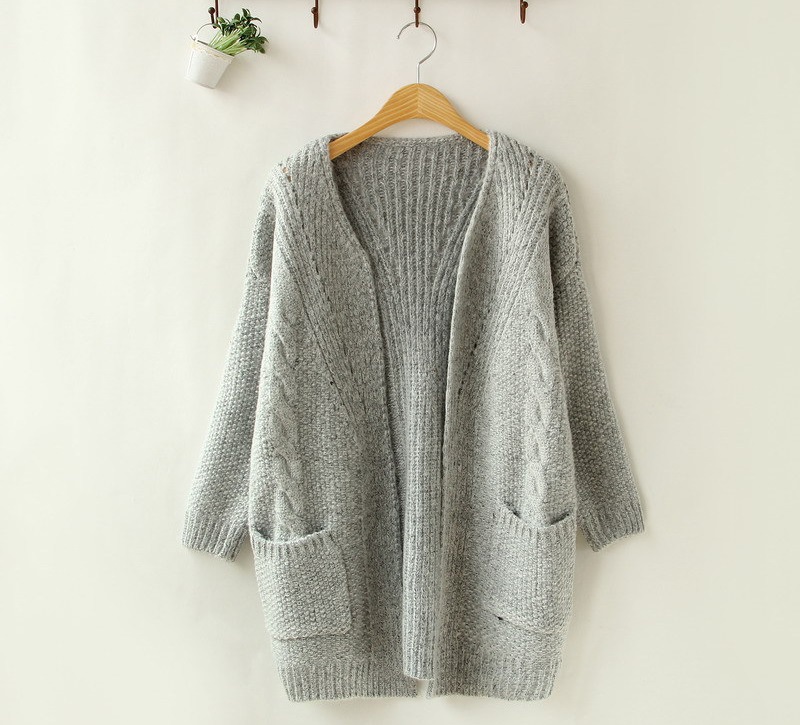Grey Knitted Open Front Cardigan With Pockets on Luulla